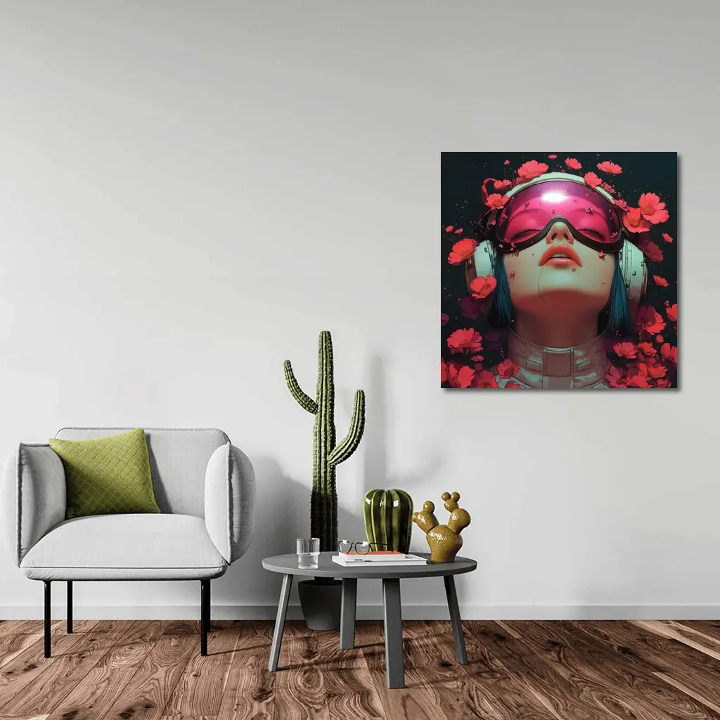 Cyberpunk Girl Blue Hair Red Flowers – Wall Art