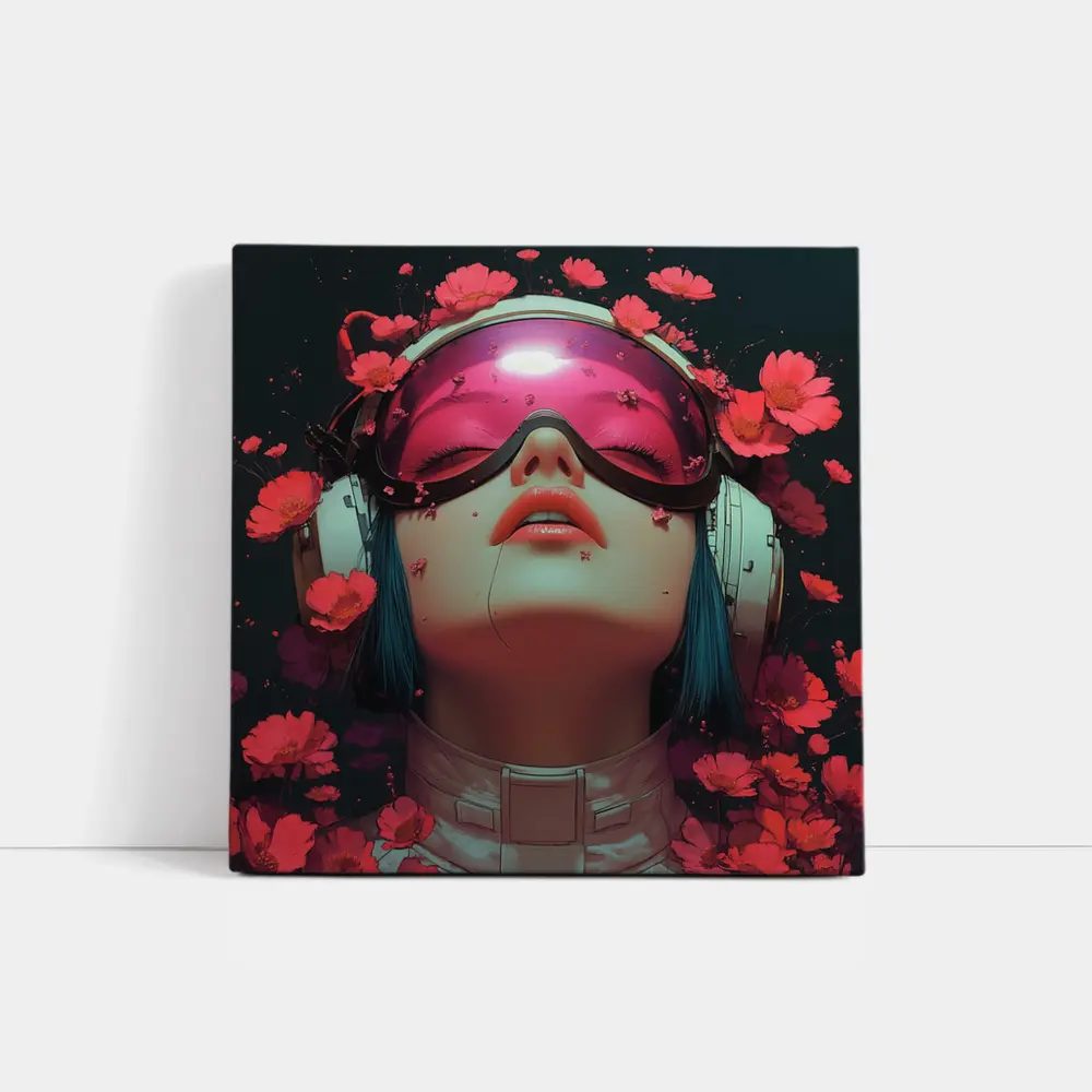 Cyberpunk Girl Blue Hair Red Flowers – Wall Art