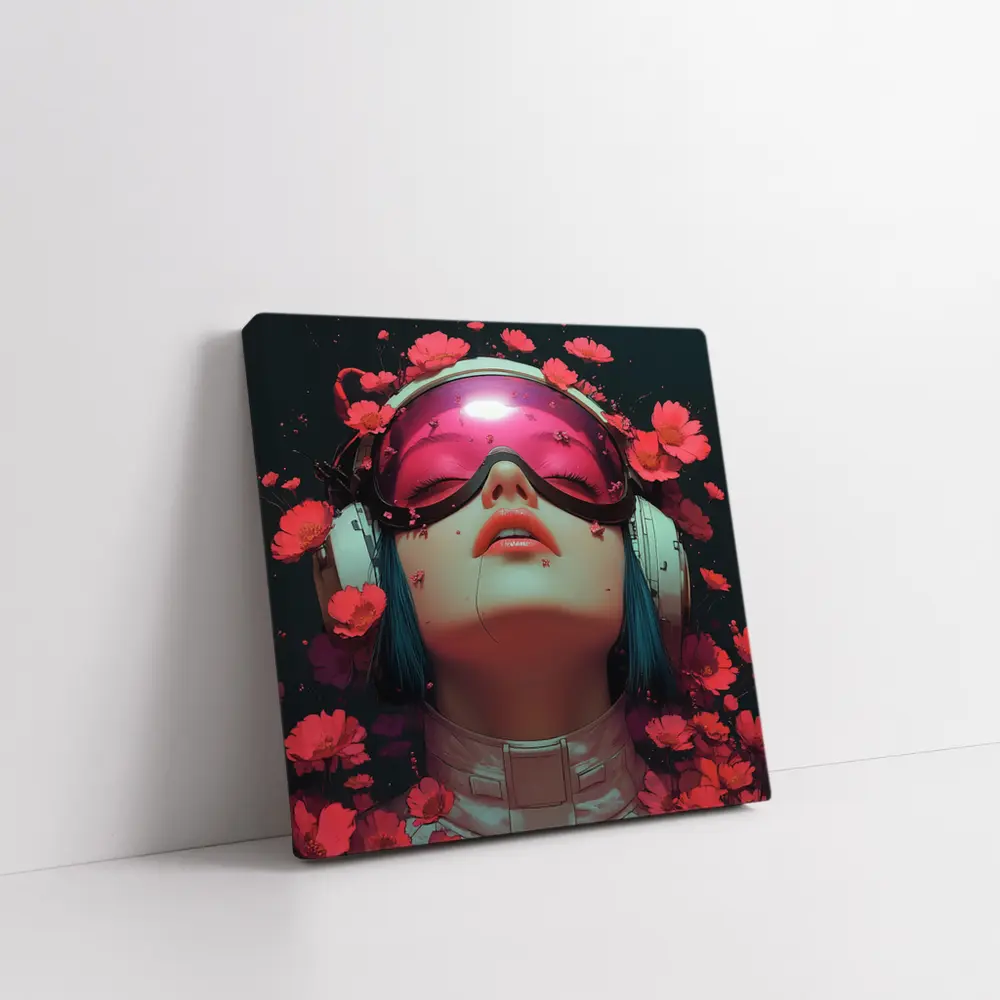 Cyberpunk Girl Blue Hair Red Flowers – Wall Art