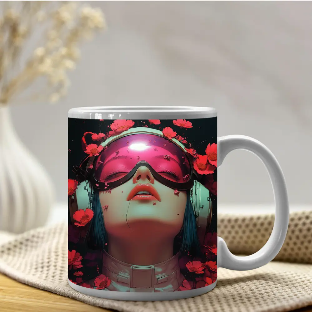 Cyberpunk Girl Blue Hair Red Flowers – Mugs