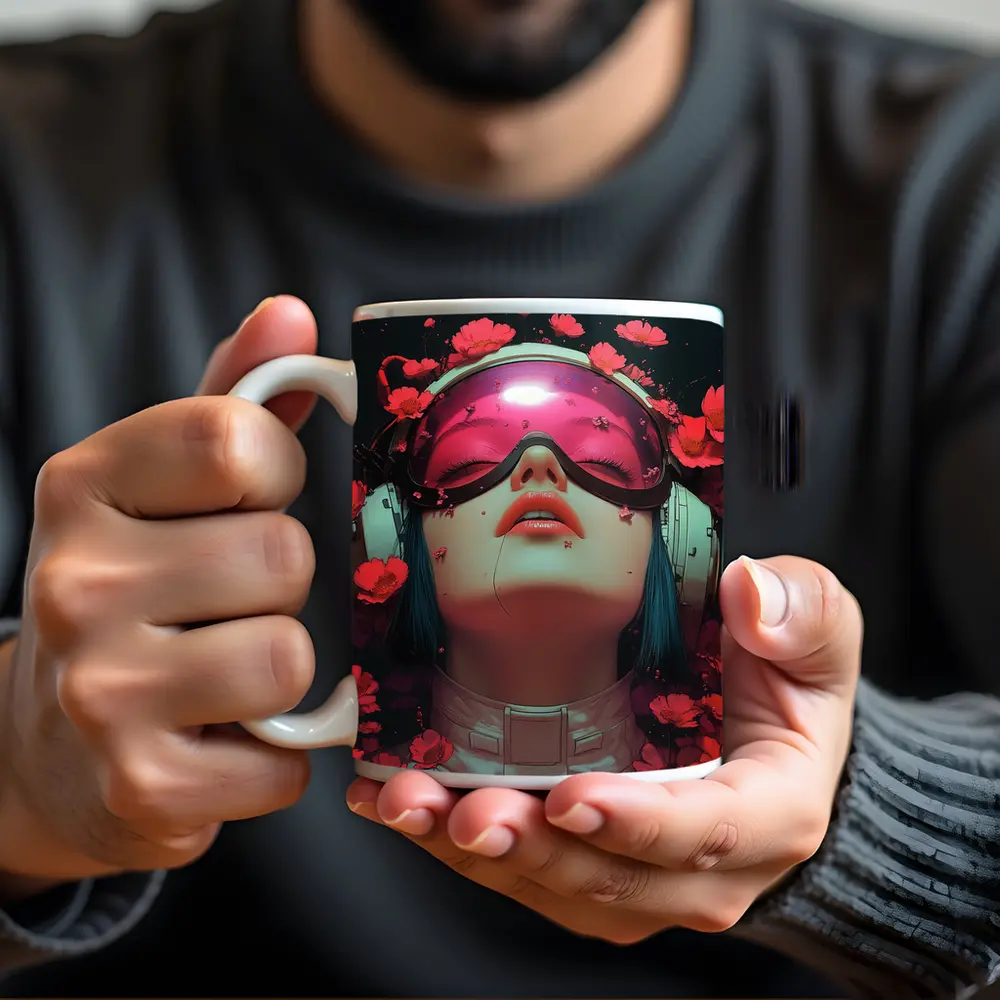 Cyberpunk Girl Blue Hair Red Flowers – Mugs
