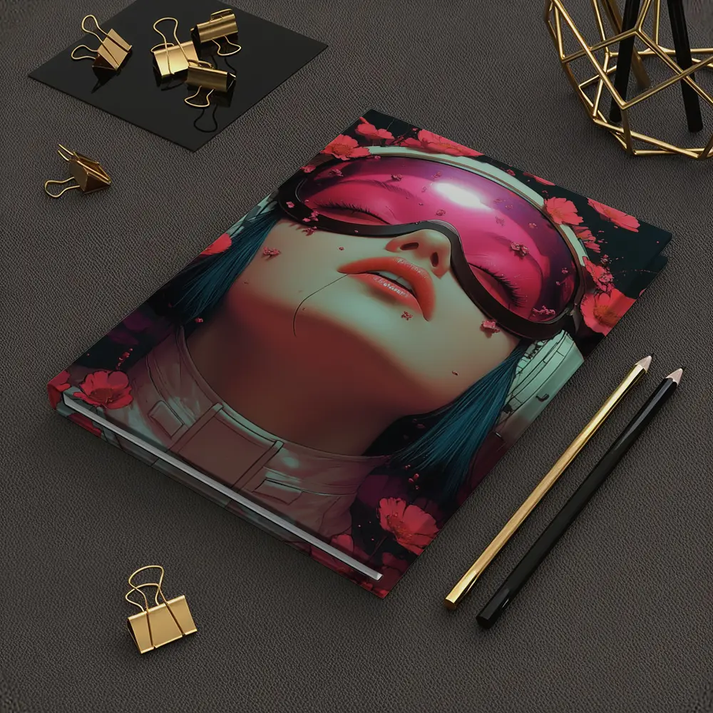 Cyberpunk Girl Blue Hair Red Flowers – Notebooks
