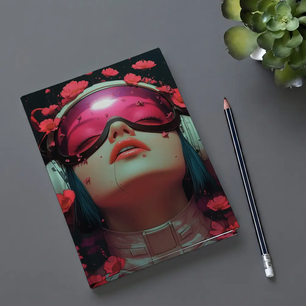 Cyberpunk Girl Blue Hair Red Flowers – Notebooks