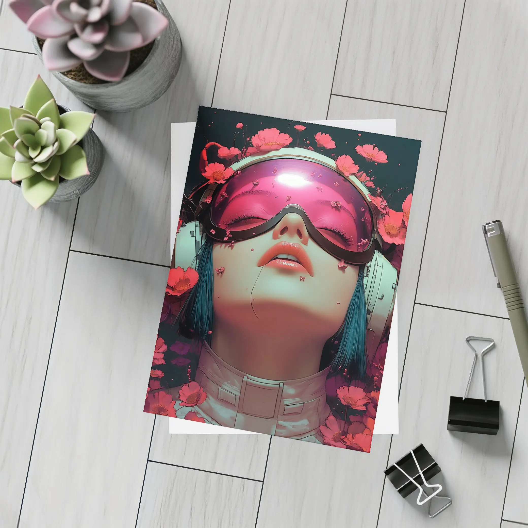 Cyberpunk Girl Blue Hair Red Flowers – Postcards