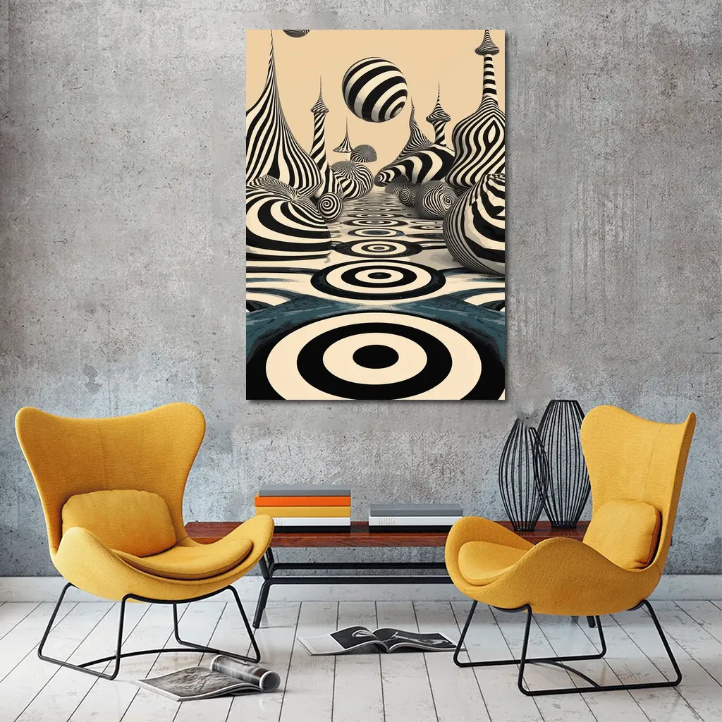 Black White Op Art Surreal Striped Landscape – Wall Art