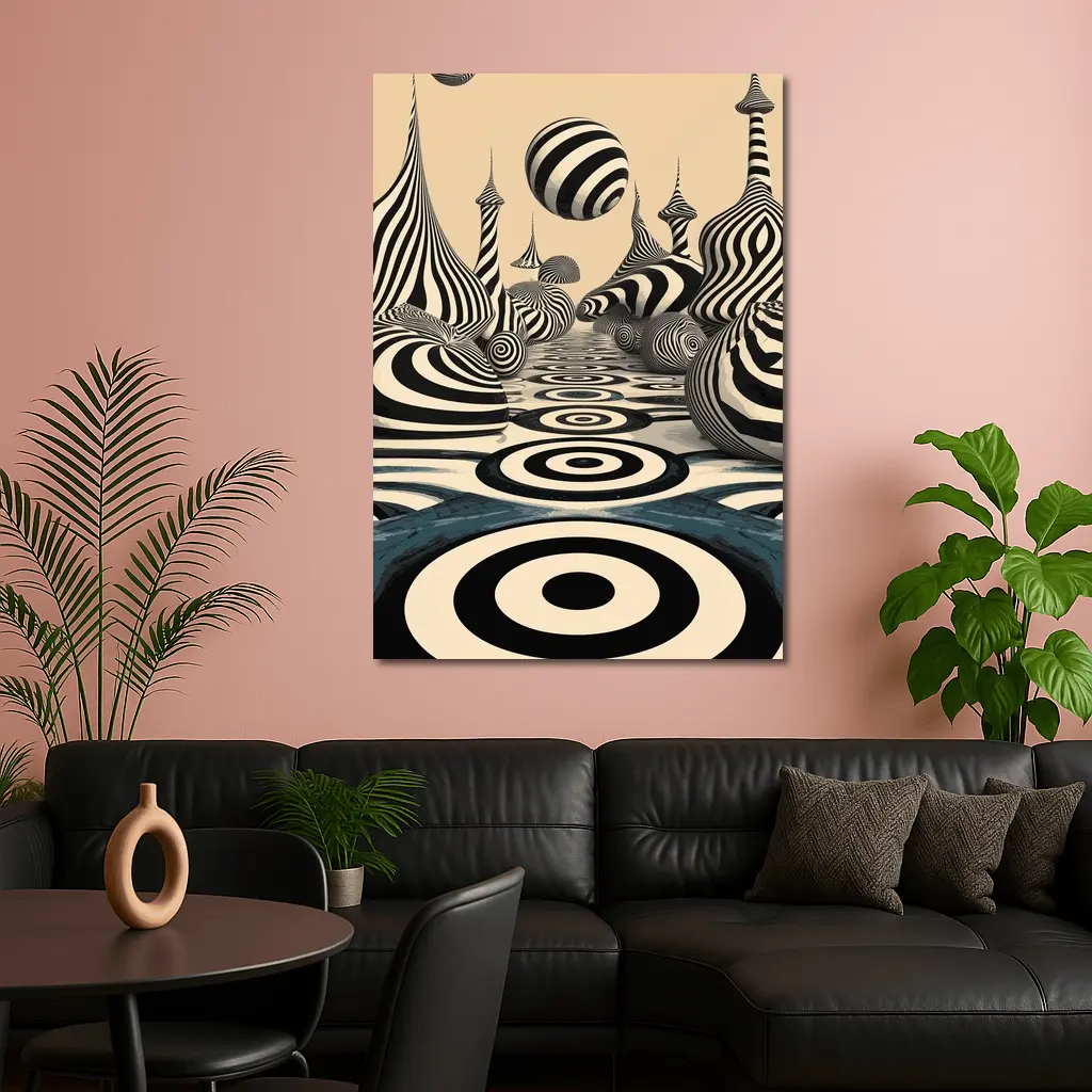 Black White Op Art Surreal Striped Landscape – Wall Art