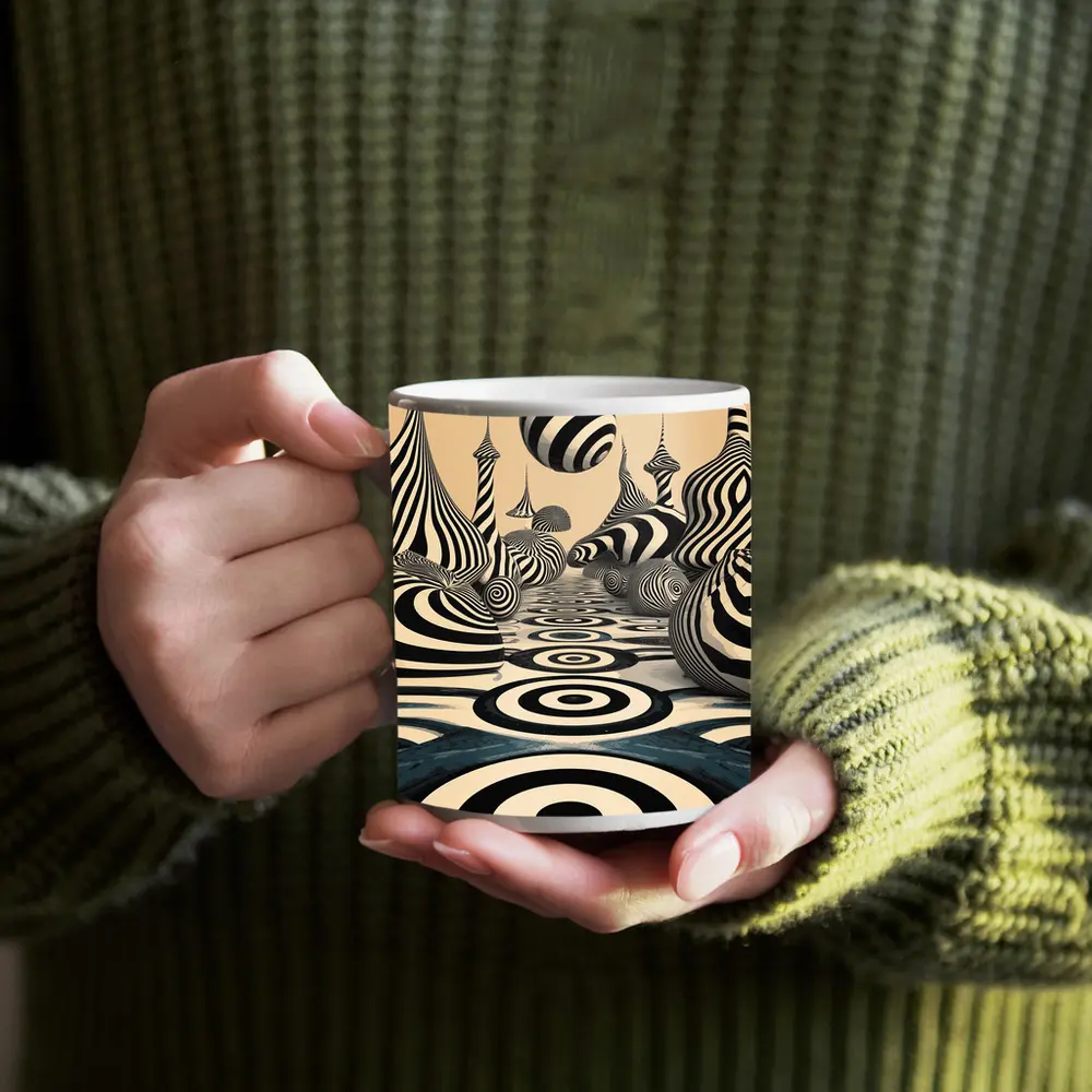 Black White Op Art Surreal Striped Landscape – Mugs