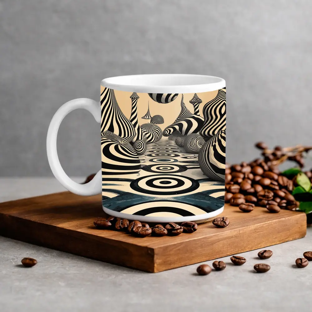 Black White Op Art Surreal Striped Landscape – Mugs