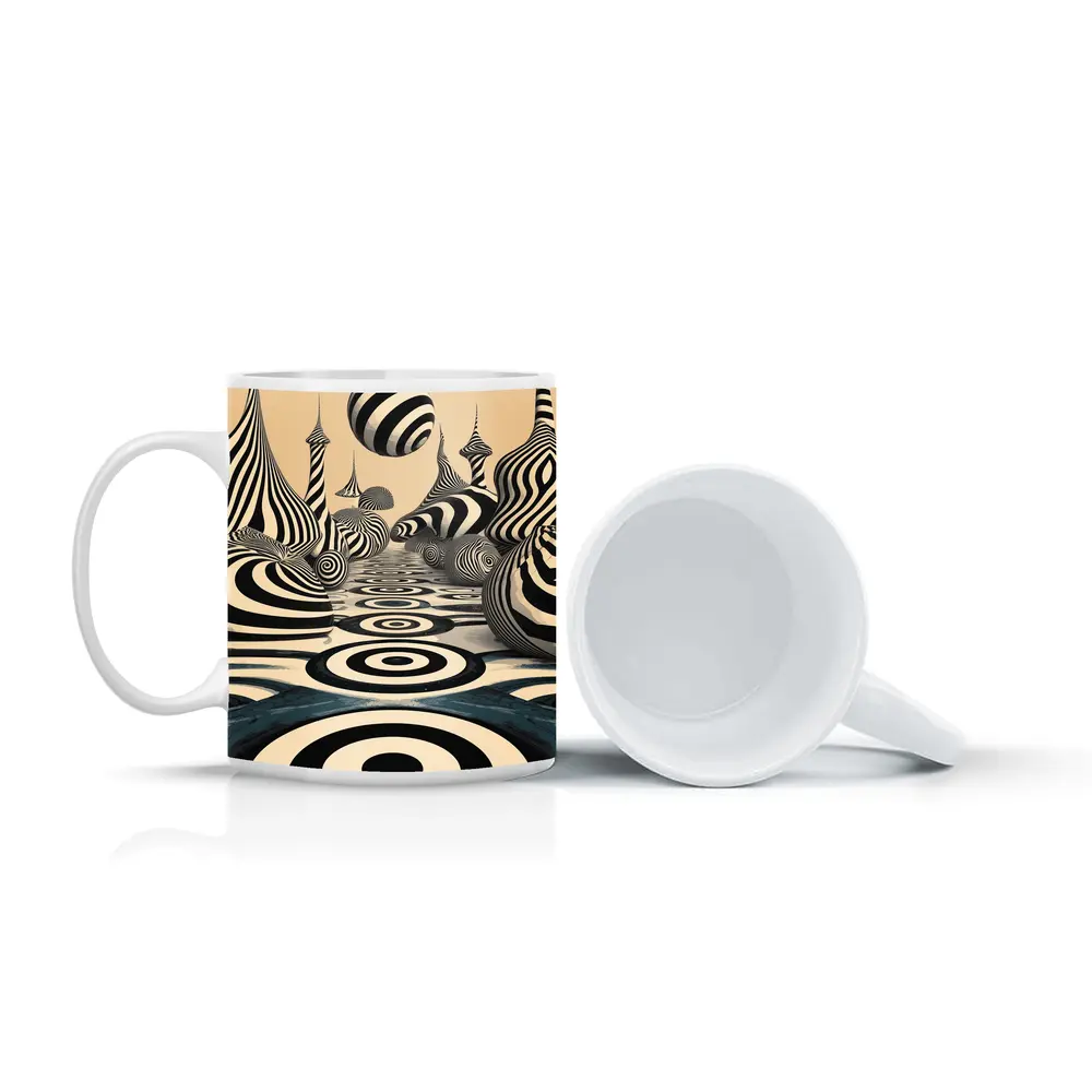 Black White Op Art Surreal Striped Landscape – Mugs