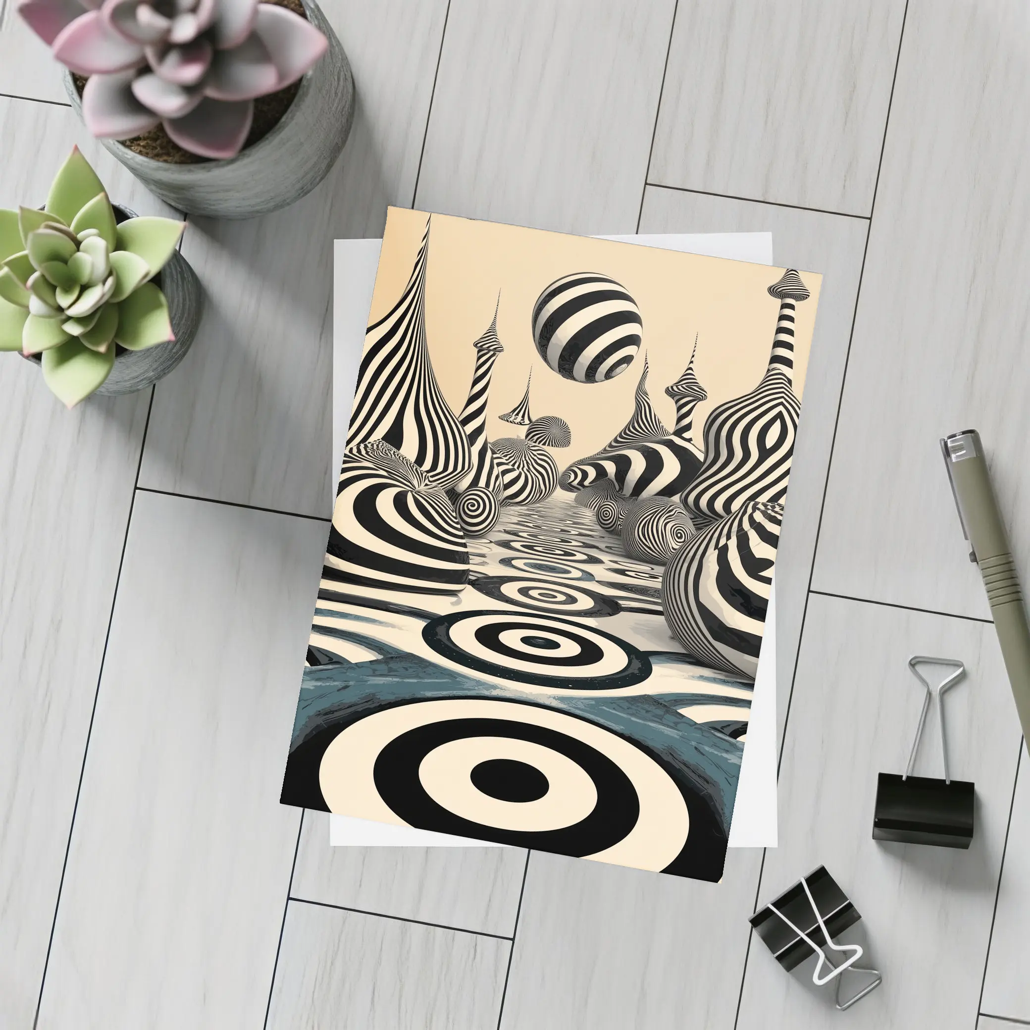 Black White Op Art Surreal Striped Landscape – Postcards