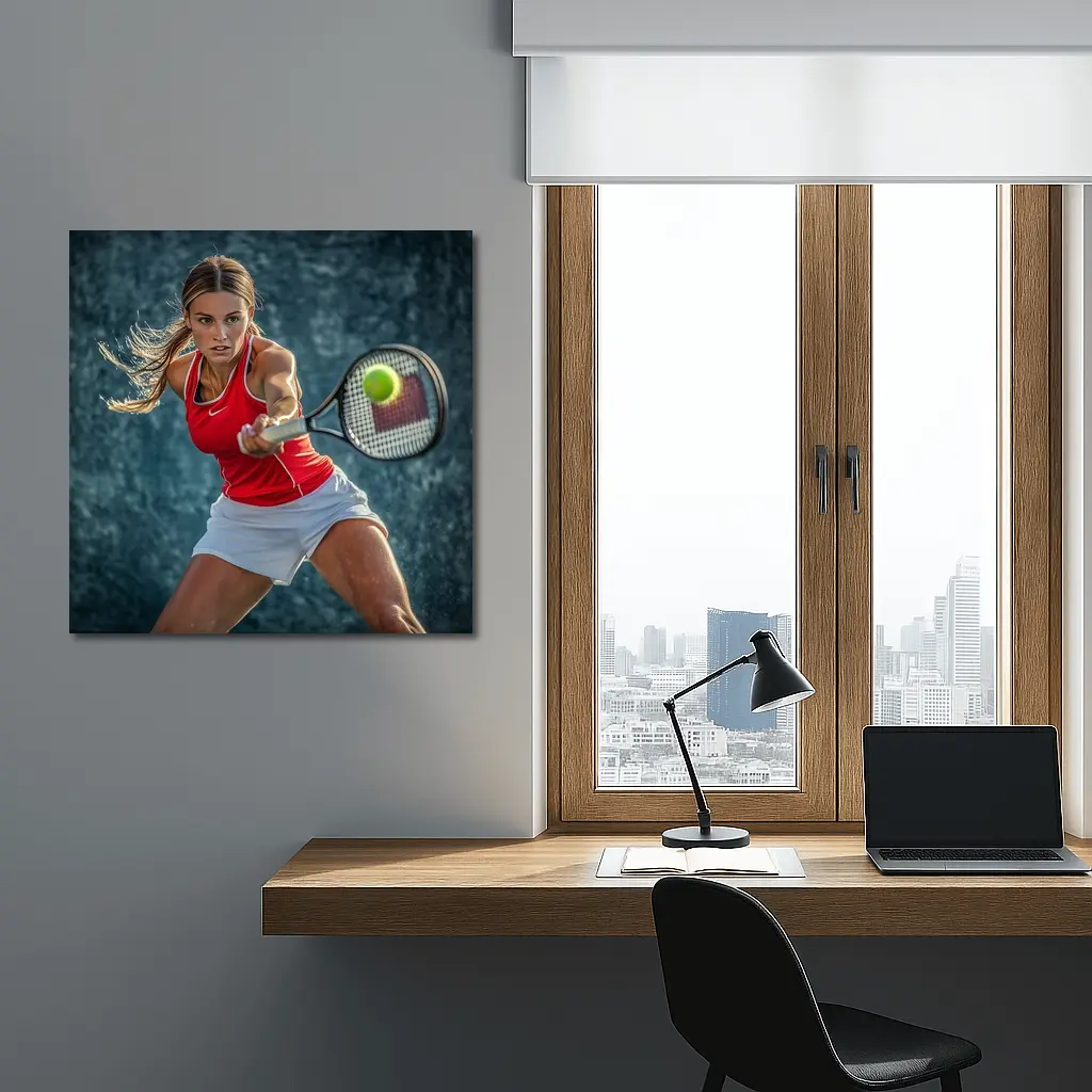 Female Tennis Player Red Outfit Action Shot – Wall Art