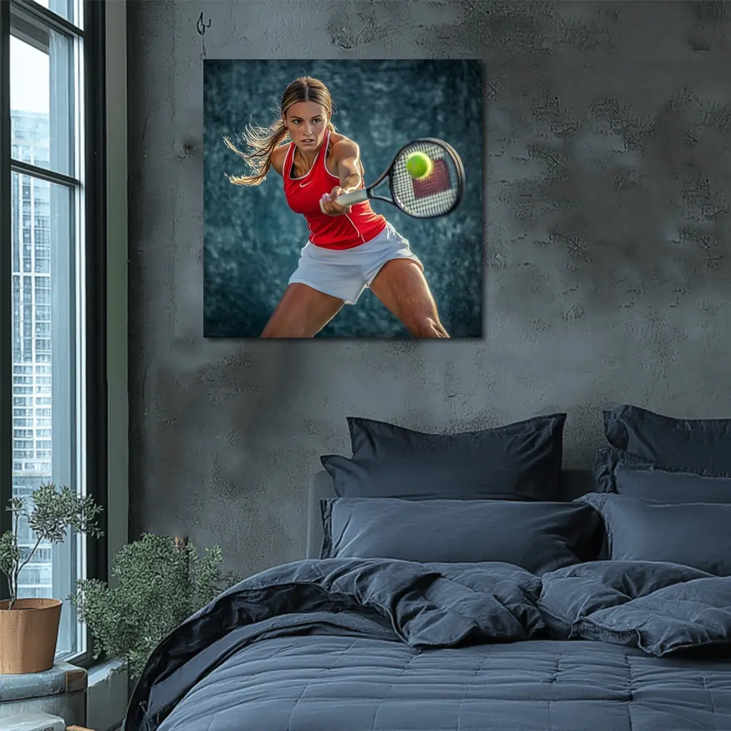 Female Tennis Player Red Outfit Action Shot – Wall Art