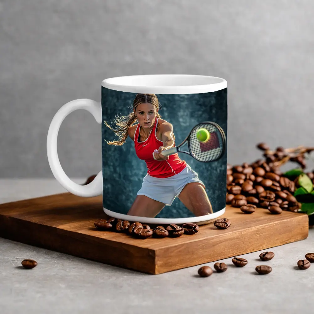 Female Tennis Player Red Outfit Action Shot – Mugs