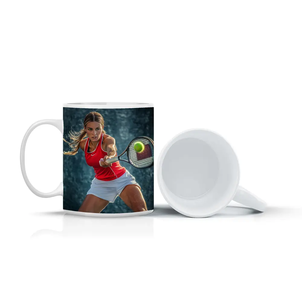 Female Tennis Player Red Outfit Action Shot – Mugs