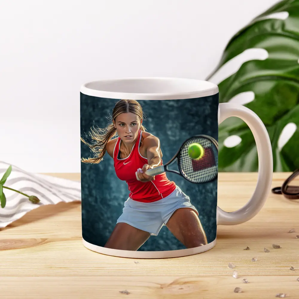 Female Tennis Player Red Outfit Action Shot – Mugs