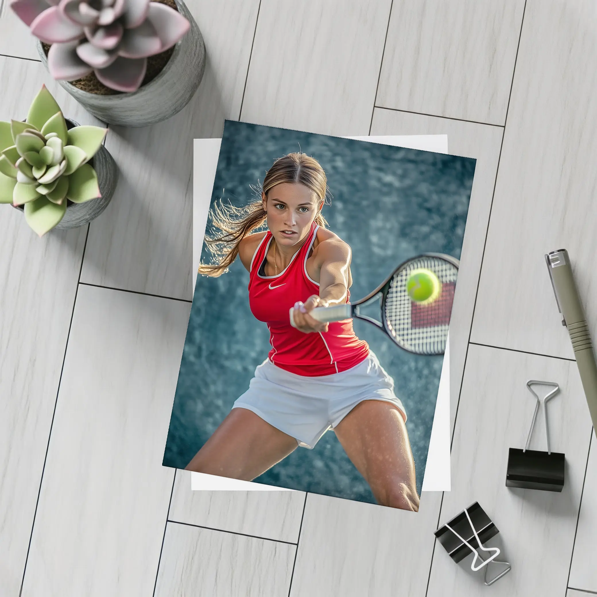 Female Tennis Player Red Outfit Action Shot – Postcards