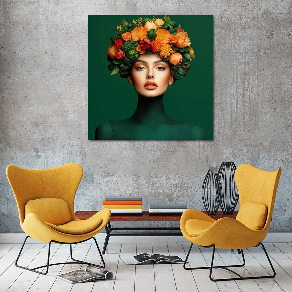 Woman Floral Crown Orange Flowers Green Background – Wall Art