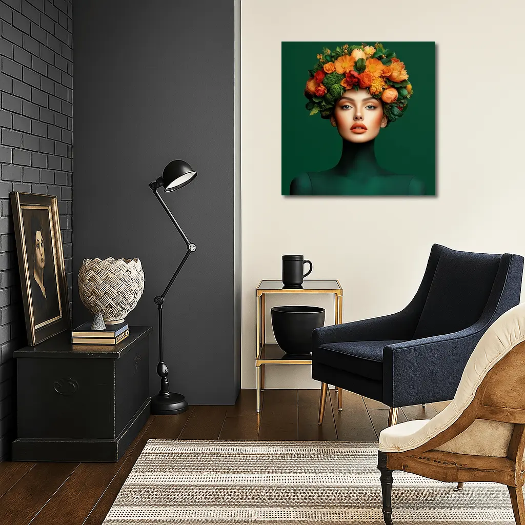 Woman Floral Crown Orange Flowers Green Background – Wall Art