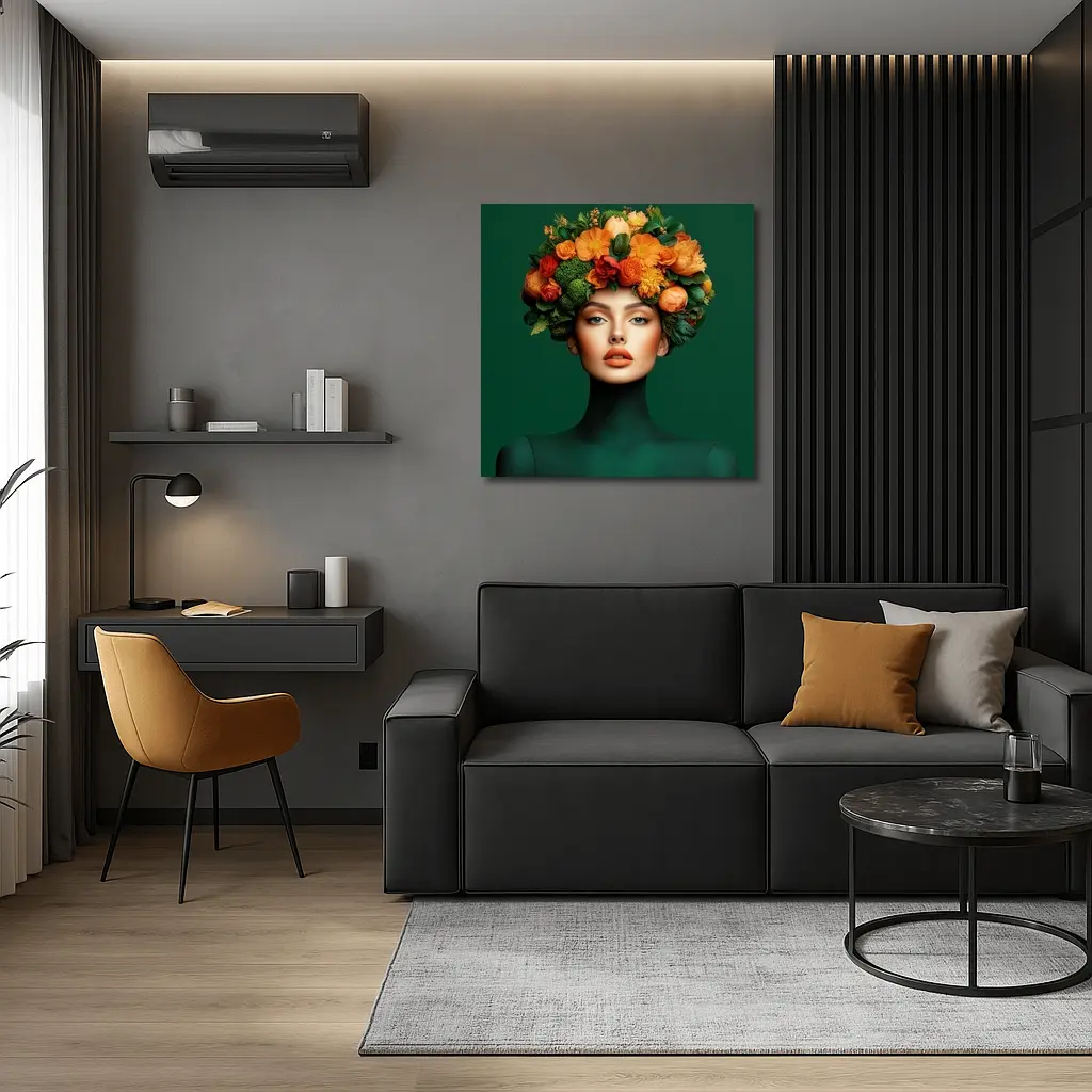 Woman Floral Crown Orange Flowers Green Background – Wall Art