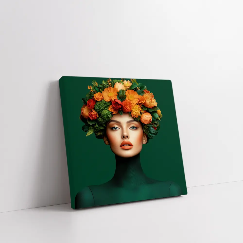 Woman Floral Crown Orange Flowers Green Background – Wall Art