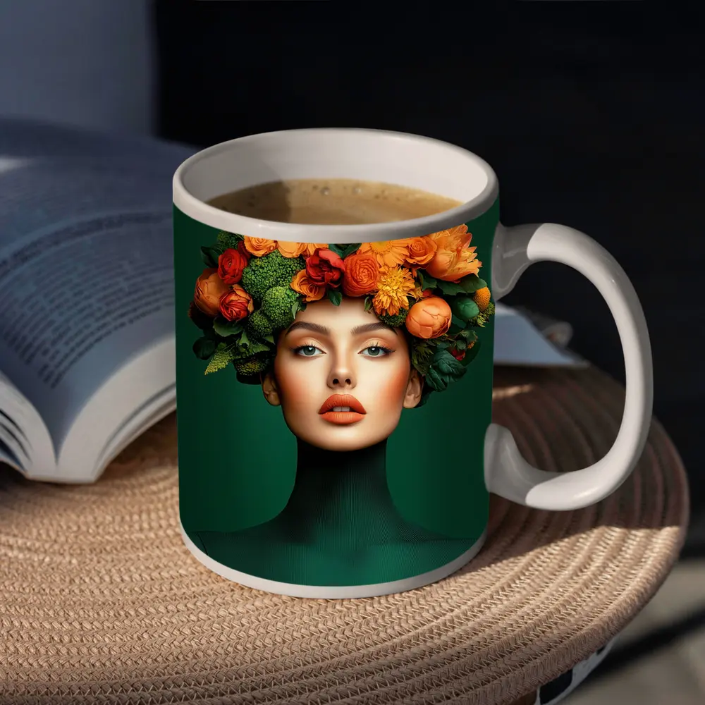 Woman Floral Crown Orange Flowers Green Background – Mugs