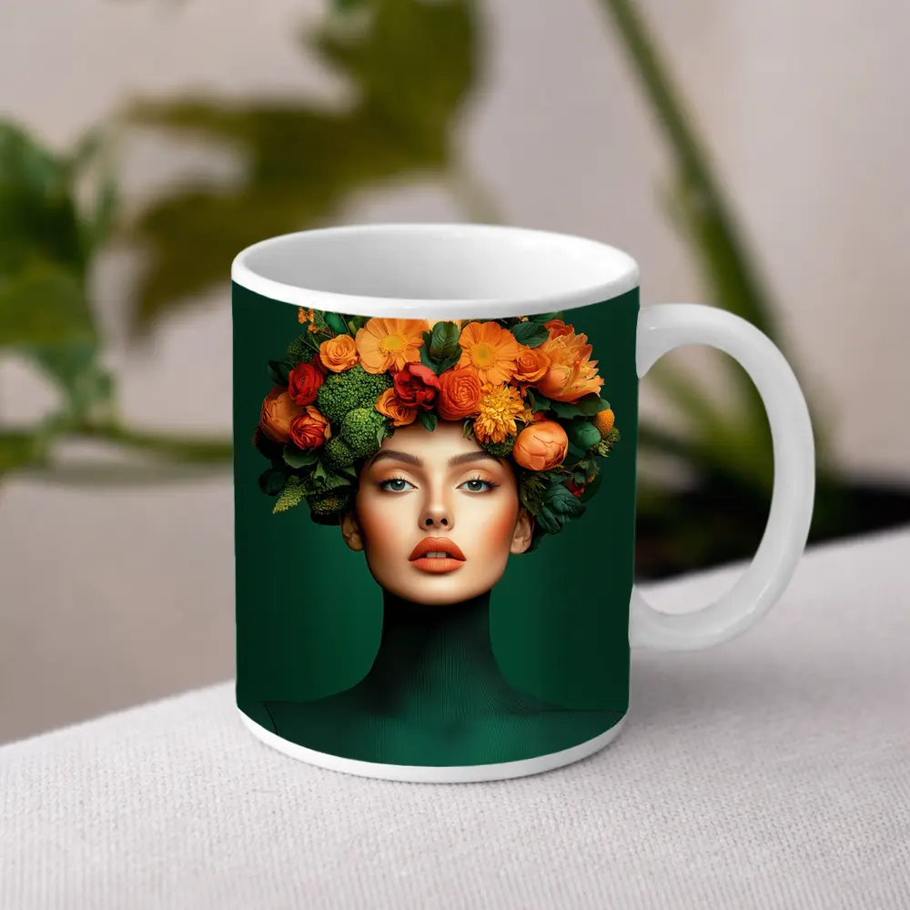 Woman Floral Crown Orange Flowers Green Background – Mugs