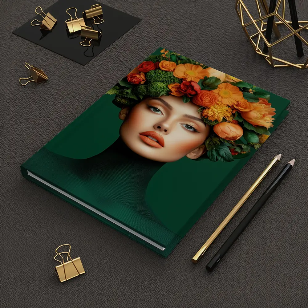 Woman Floral Crown Orange Flowers Green Background – Notebooks