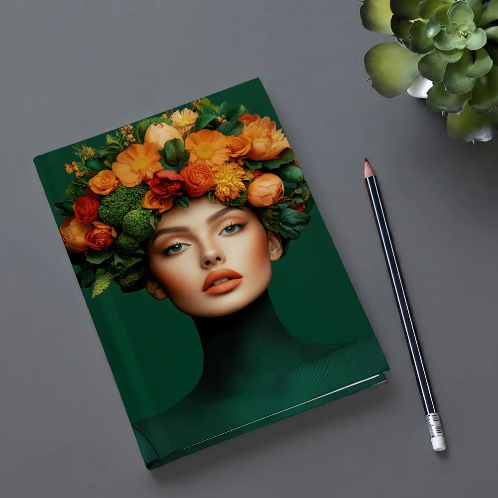 Woman Floral Crown Orange Flowers Green Background – Notebooks