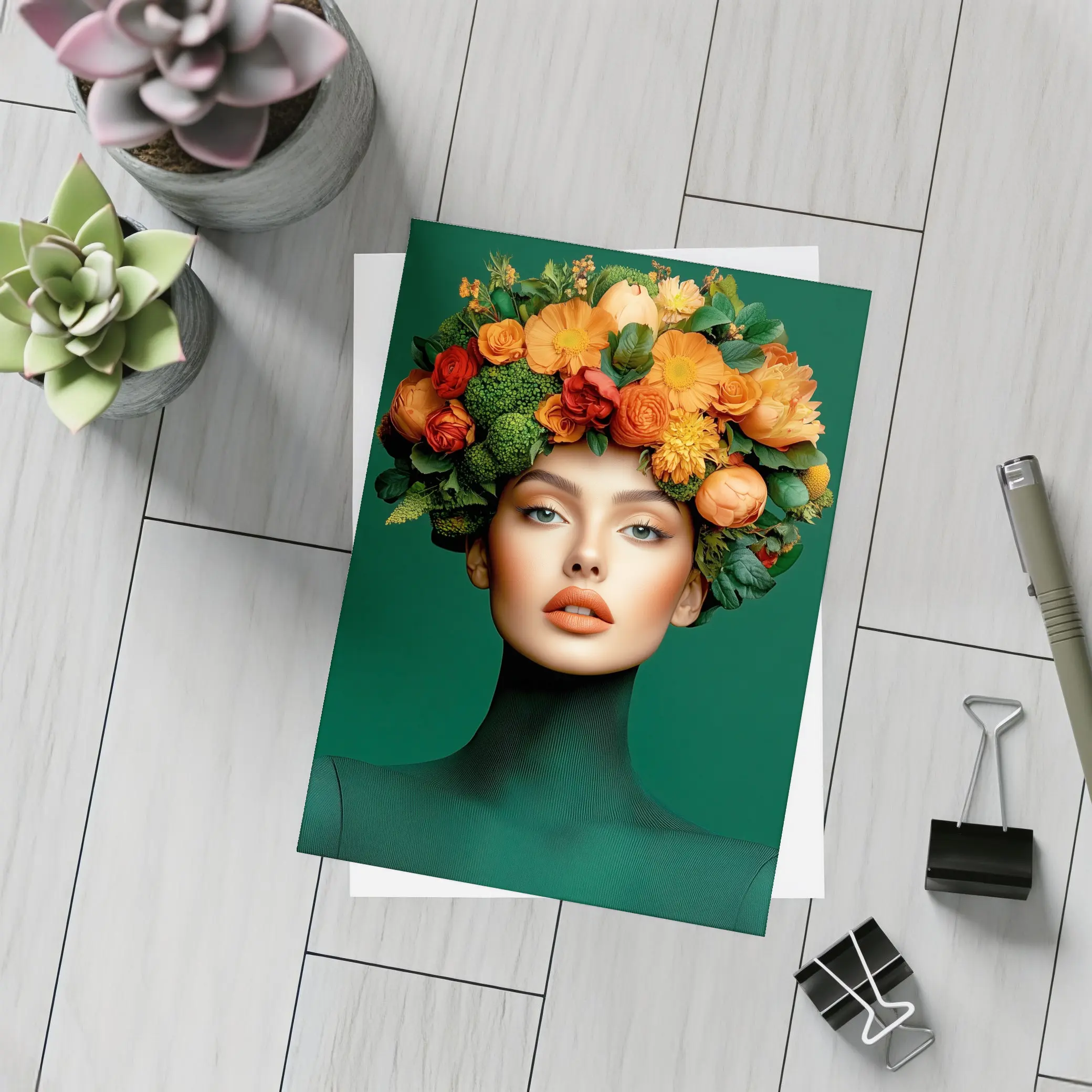 Woman Floral Crown Orange Flowers Green Background – Postcards