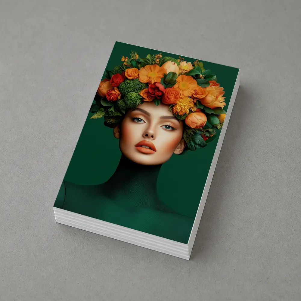 Woman Floral Crown Orange Flowers Green Background – Postcards
