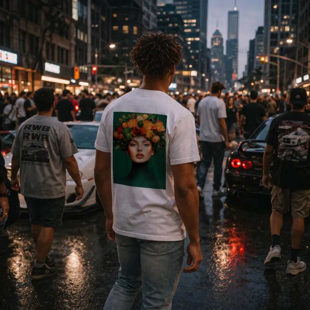 Woman Floral Crown Orange Flowers Green Background – T-Shirts