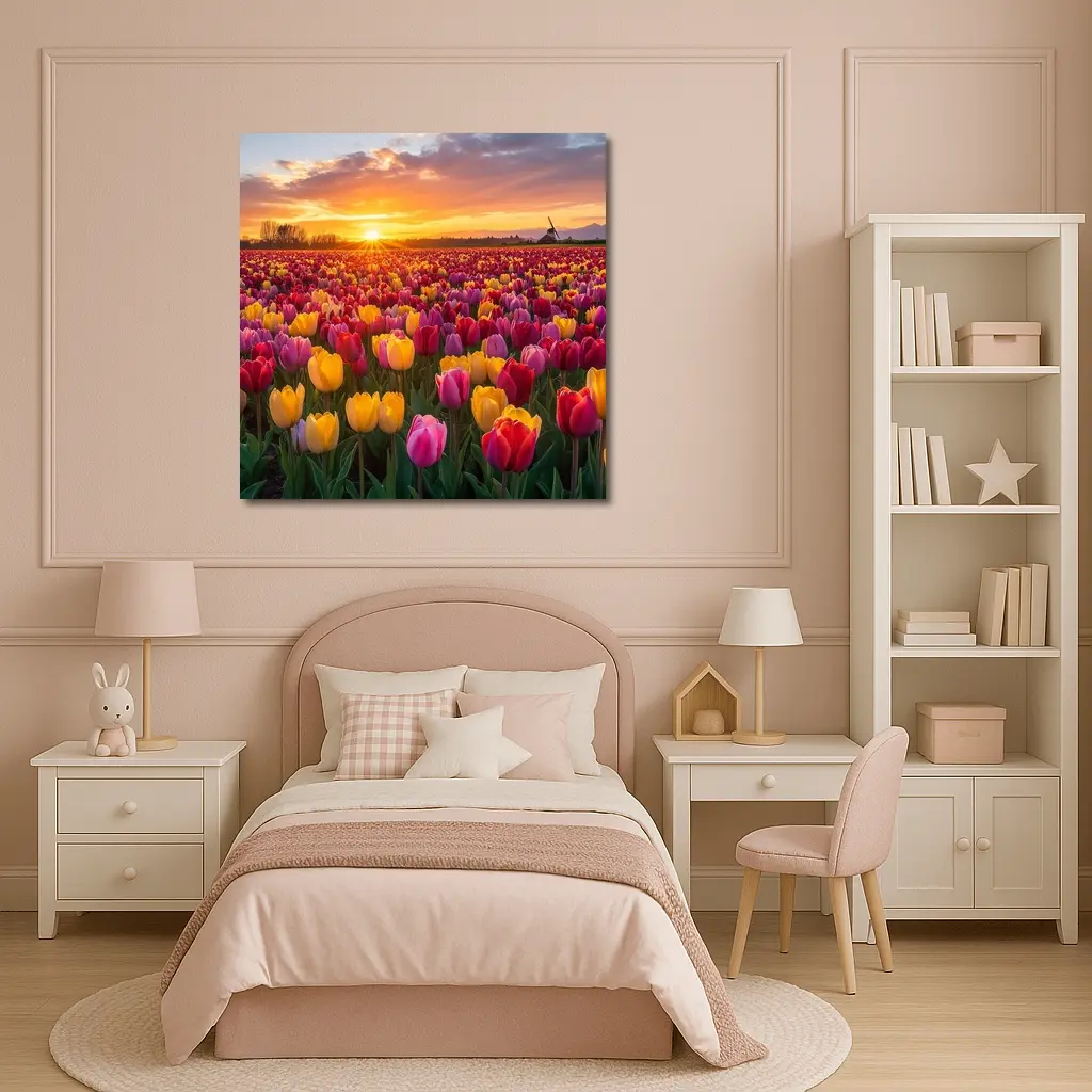 Tulip Field Sunset Windmill Dutch Countryside – Wall Art