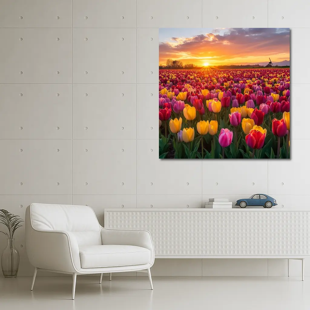 Tulip Field Sunset Windmill Dutch Countryside – Wall Art