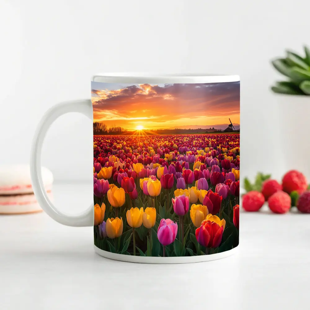 Tulip Field Sunset Windmill Dutch Countryside – Mugs