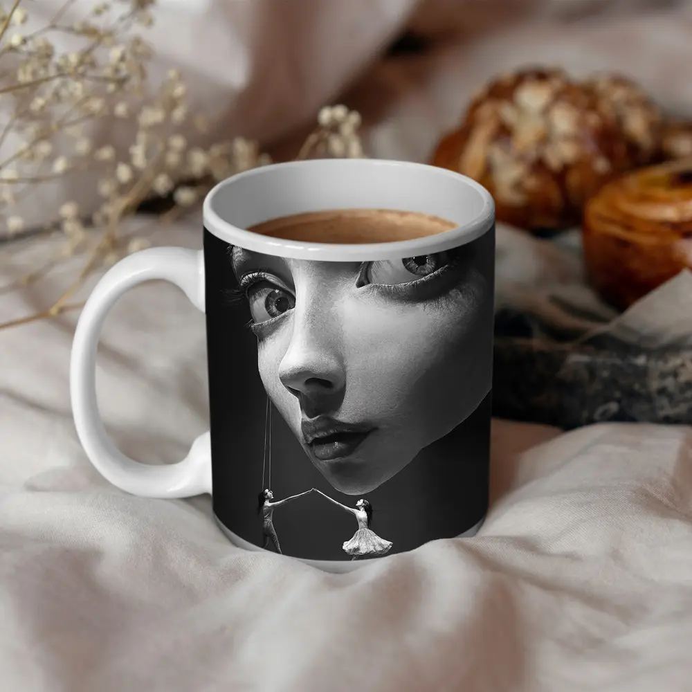 Surreal Black White Face Puppet Women Art – Mugs