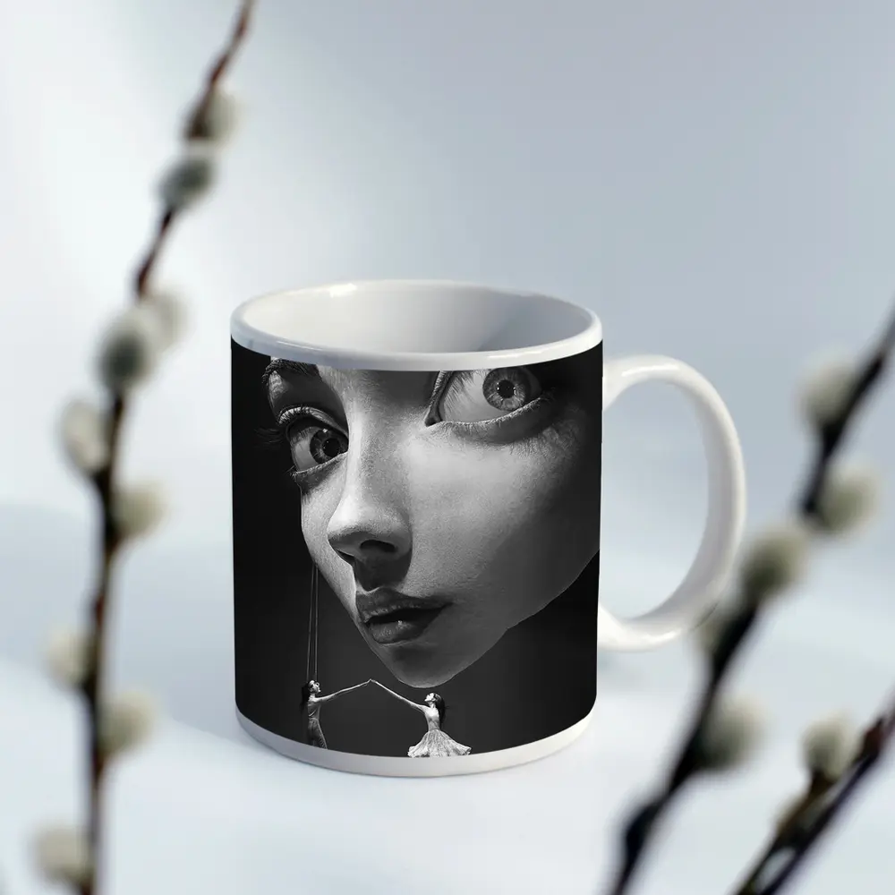 Surreal Black White Face Puppet Women Art – Mugs