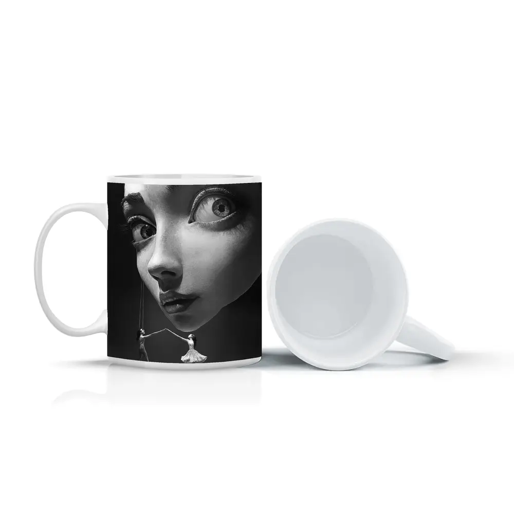 Surreal Black White Face Puppet Women Art – Mugs