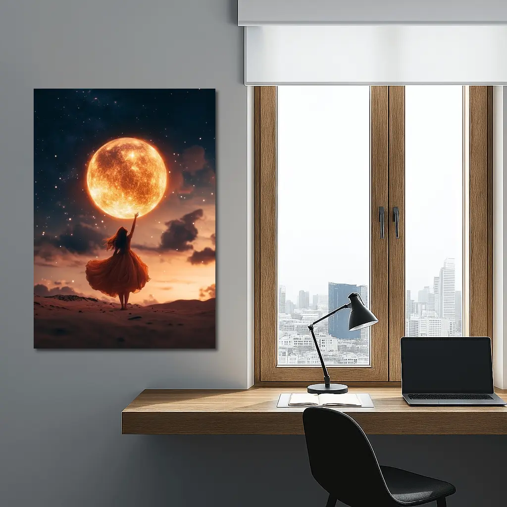 Woman Reaching Giant Moon Starry Night Sky – Wall Art