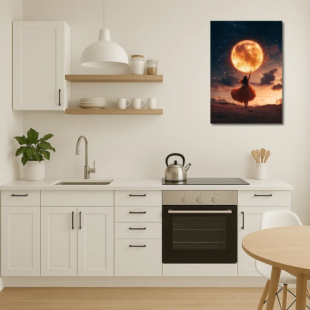 Woman Reaching Giant Moon Starry Night Sky – Wall Art