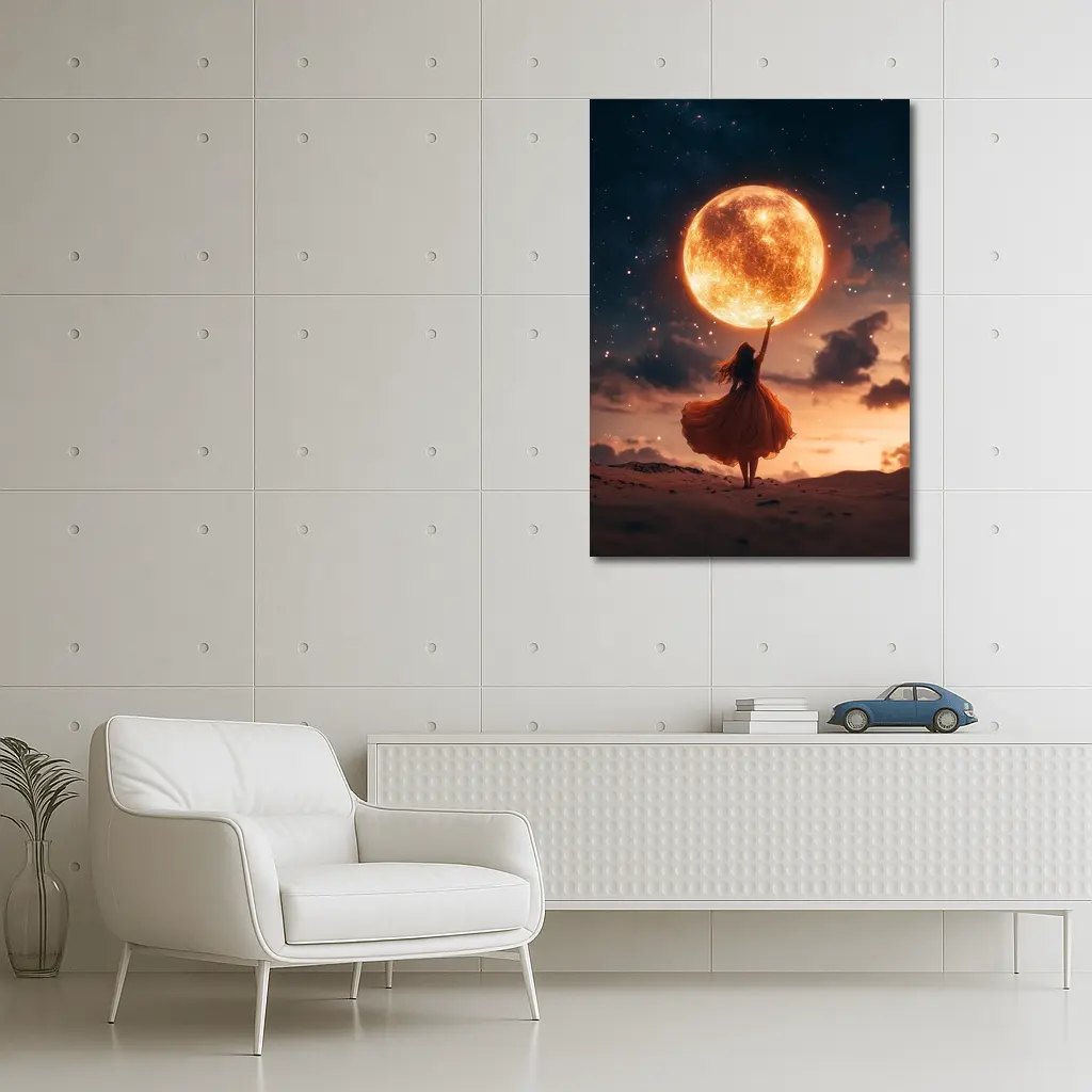 Woman Reaching Giant Moon Starry Night Sky – Wall Art