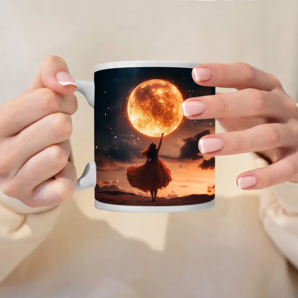 Woman Reaching Giant Moon Starry Night Sky – Mugs