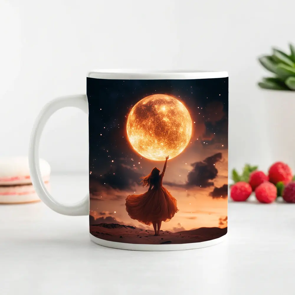 Woman Reaching Giant Moon Starry Night Sky – Mugs