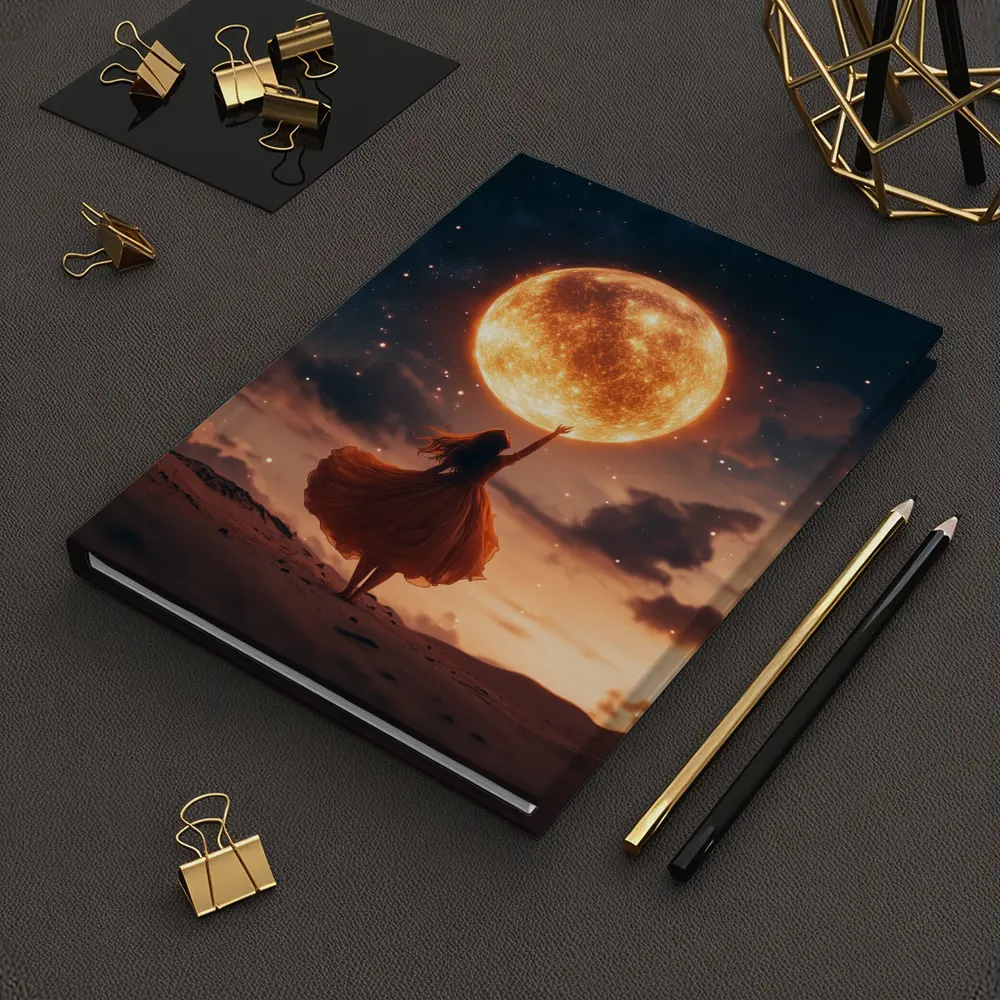 Woman Reaching Giant Moon Starry Night Sky – Notebooks