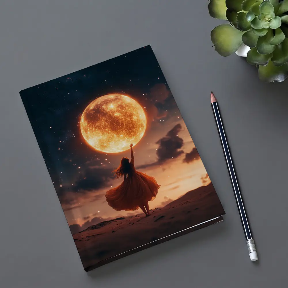 Woman Reaching Giant Moon Starry Night Sky – Notebooks