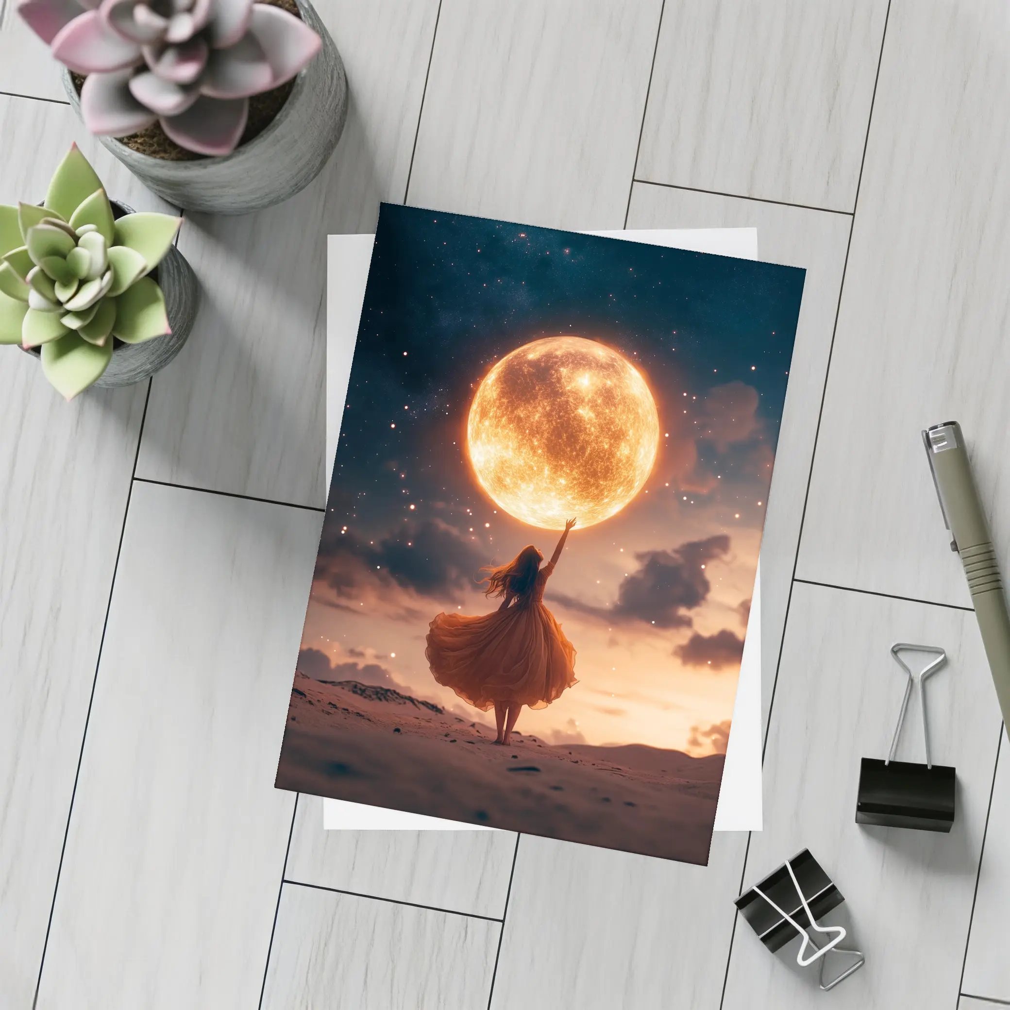Woman Reaching Giant Moon Starry Night Sky – Postcards
