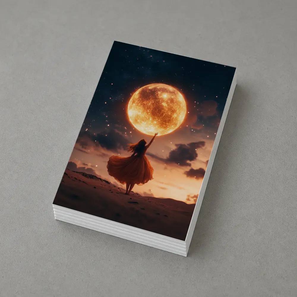 Woman Reaching Giant Moon Starry Night Sky – Postcards