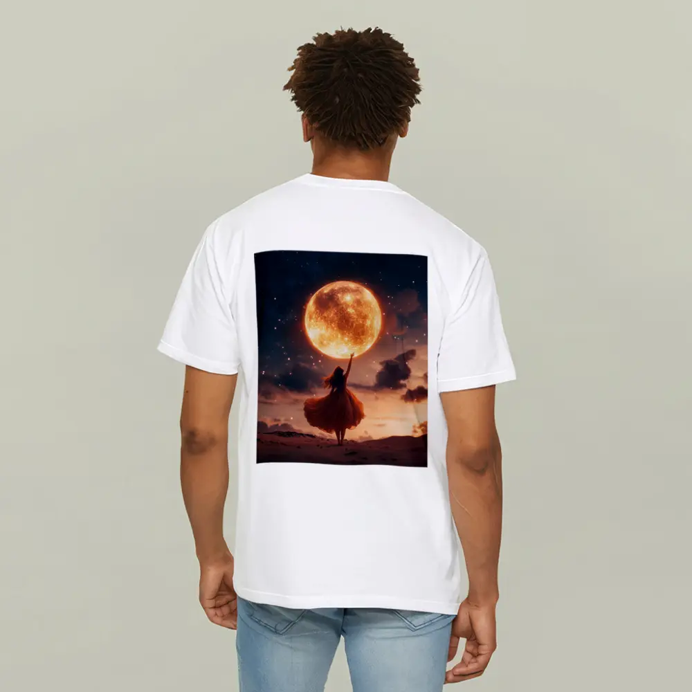 Woman Reaching Giant Moon Starry Night Sky – T-Shirts