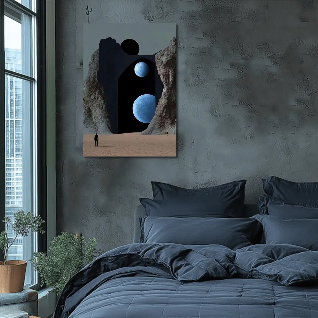 Lone Figure Desert Portal Two Moons Surreal – Wall Art