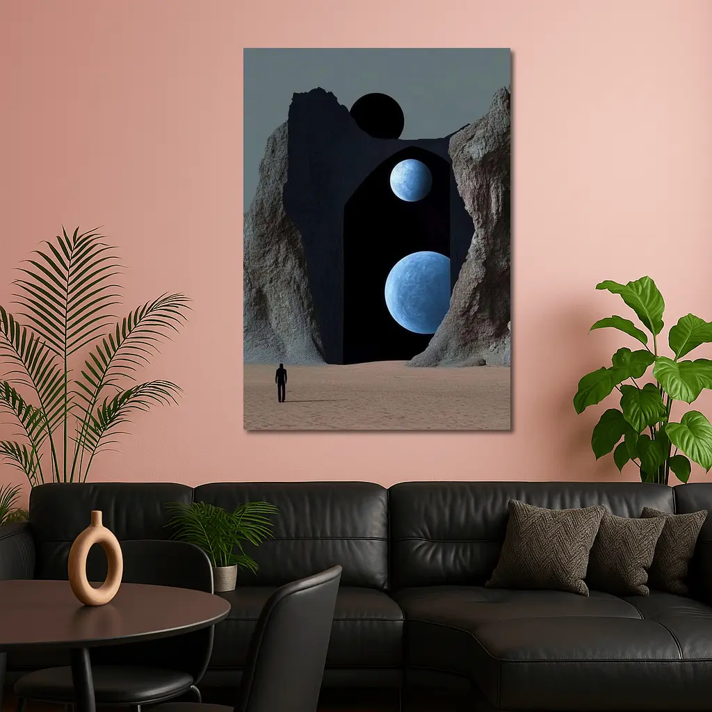 Lone Figure Desert Portal Two Moons Surreal – Wall Art