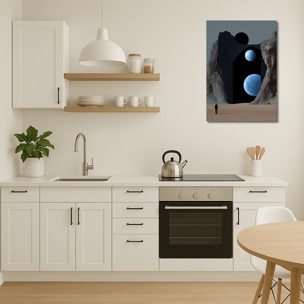 Lone Figure Desert Portal Two Moons Surreal – Wall Art
